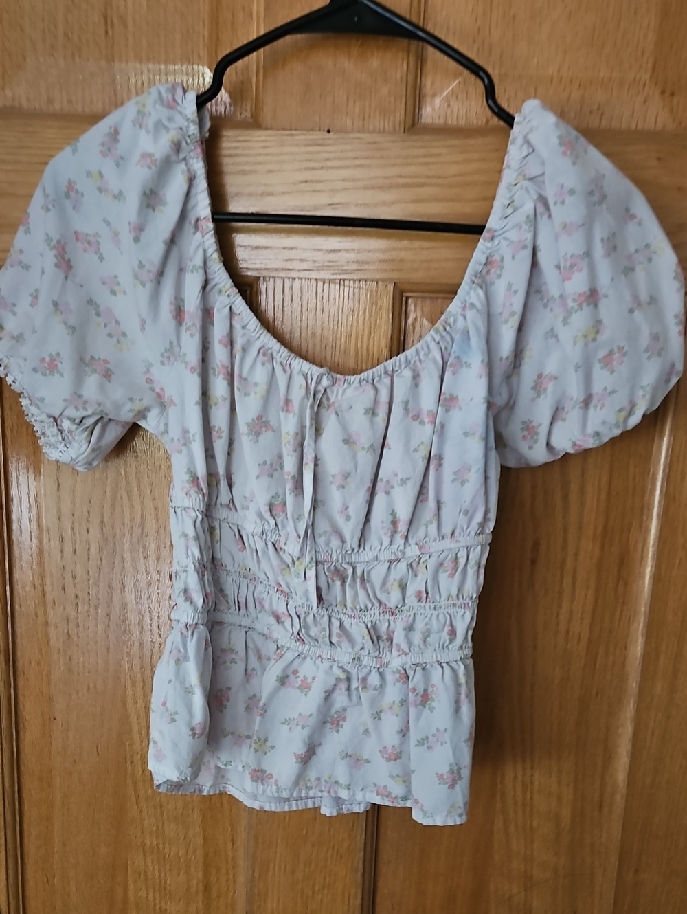 Celebrity Pink White Peasant Top with Pink Floral Print